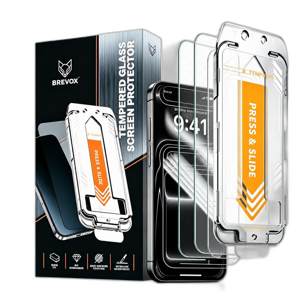 [BRX-IP15PROMAX-CL-3P] Brevox Screen Protector iPhone 15 Pro Max – Tempered Glass with mounting frame (Clear, 3-pack)