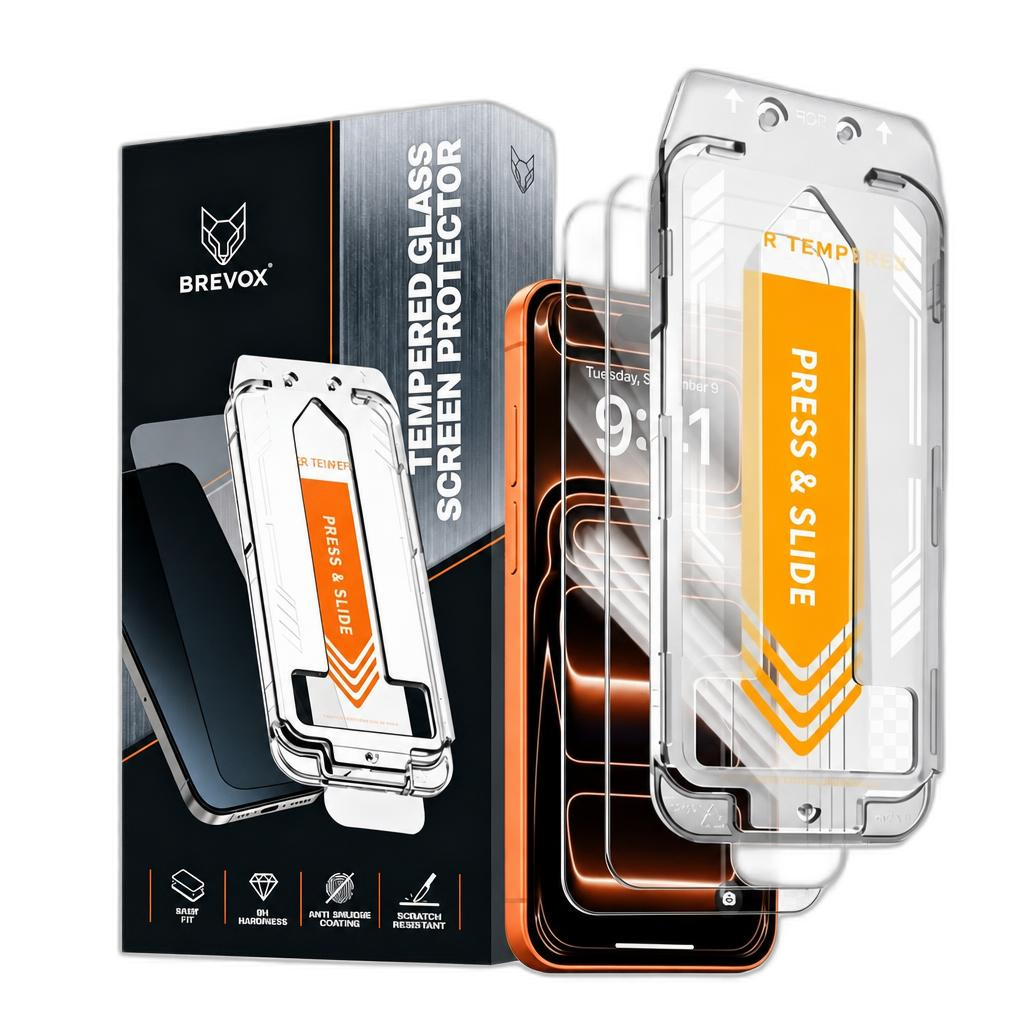 [BRX-IP17PROMAX-CL-3P] Brevox Screenprotector iPhone 17 Pro Max – Tempered Glass met montageframe (Clear, 3-pack)